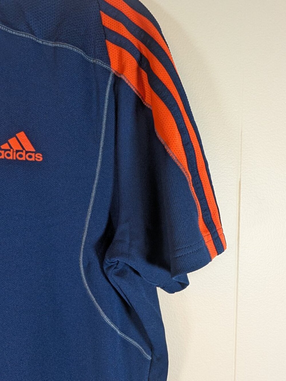 Adidas Climalite Shirt Men L Navy Blue Orange 3 Stripe Running Training Athletic - Picture 4 of 8